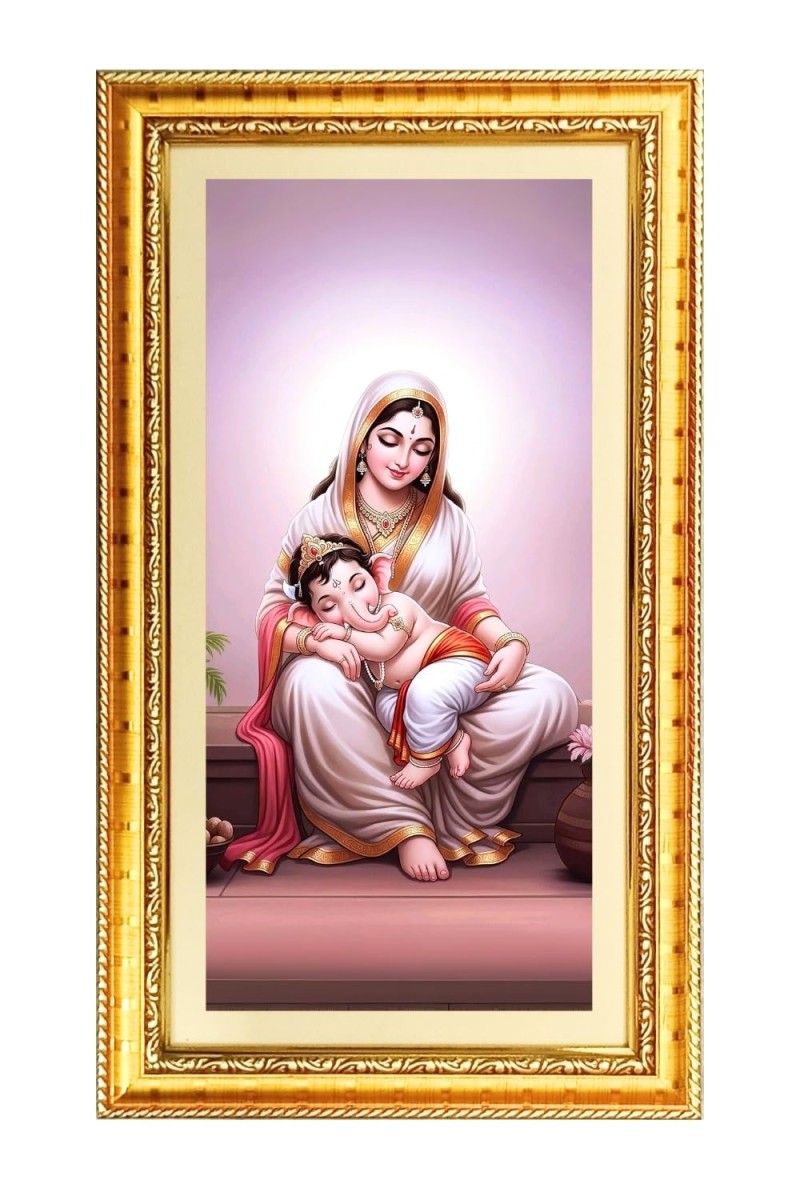 Yashoda Baby Ganesh Digital Golden Color Photo Frame | Hindu Religious Wall Decor | 12x19 Inches - Inspirational Wall Art For Office, Home Decor - Ideal Spiritual Gift (F10187)