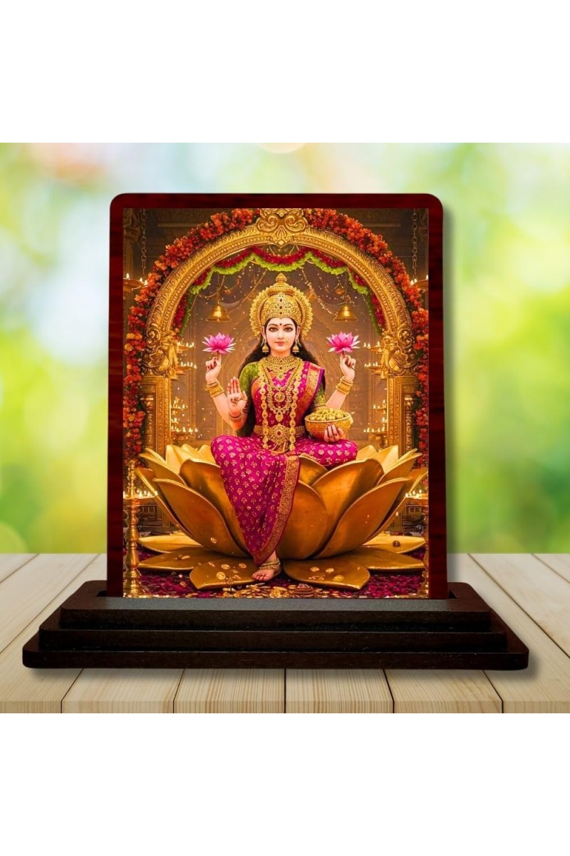 Car Desk/Table Top Goddess Lakshmi Wooden Photo Stand 3x4 Inches, Compact & Stylish Spiritual Display For Car, Home & Office (Pack Of 1) (F14609)