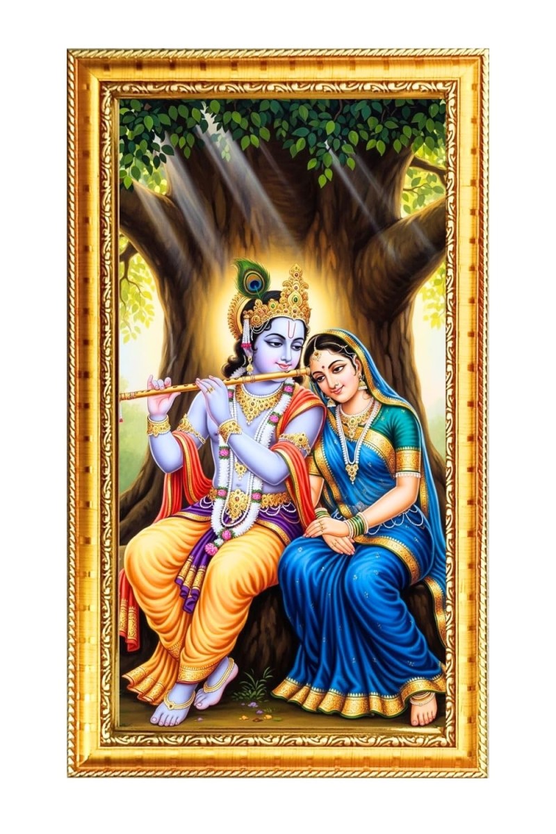 Divine Radha Krishna Digital Golden Color Photo Frame | Hindu Religious Wall Decor | 8x15 Inches - Inspirational Wall Art For Office, Home Decor - Ideal Spiritual Gift (F10301)