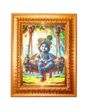 Little Krishna Golden Designer Photo Frame | 10x14 Inch Religious Wall Hanging Frame For Home & Office Decoration | Hindu Deity Little Krishna Spiritual Gift Item
