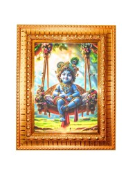 Little Krishna Golden Designer Photo Frame | 12x16 Inch Religious Wall Hanging Frame For Home & Office Decoration | Hindu Deity Spiritual Gift Item
