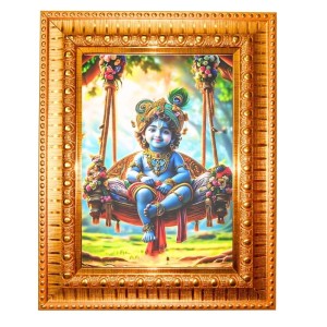 Little Krishna Golden Designer Photo Frame | 12x16 Inch Religious Wall Hanging Frame For Home & Office Decoration | Hindu Deity Spiritual Gift Item