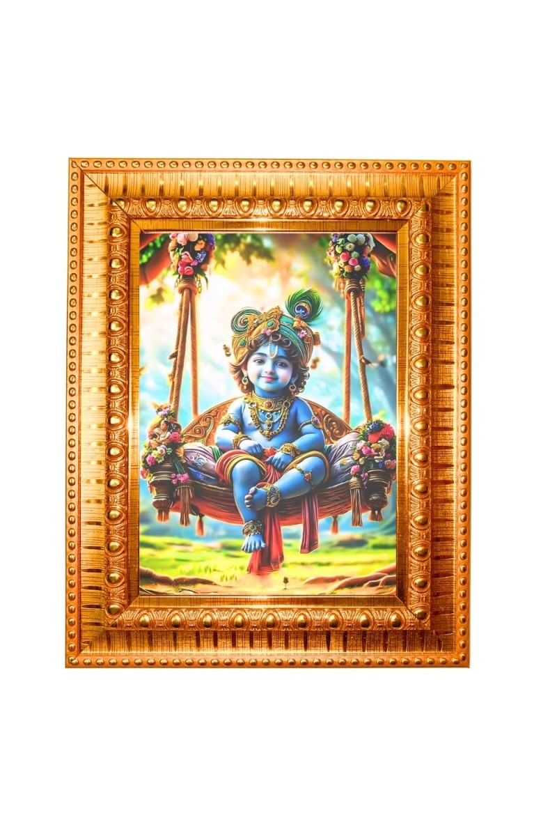 Little Krishna Golden Designer Photo Frame | 10x14 Inch Religious Wall Hanging Frame For Home & Office Decoration | Hindu Deity Spiritual Gift Item