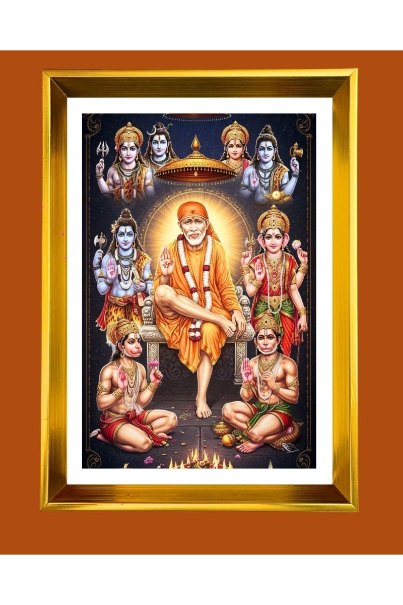 Shirdi Sai Baba Golden Photo Frame - 10x14 Inches | Elegant Wooden Frame For Home, Office & Temple Decoration | Spiritual Wall & Table Decor and Gift Item