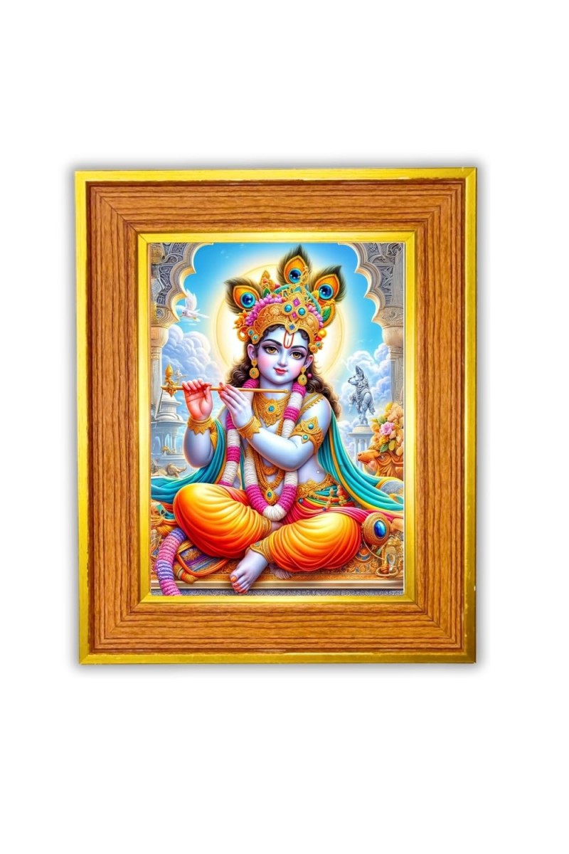 Little Krishna Photo Frame 10x14 Inches-Brown Wooden Frame For Home, Office & Temple Decoration And Gifting (F6495)