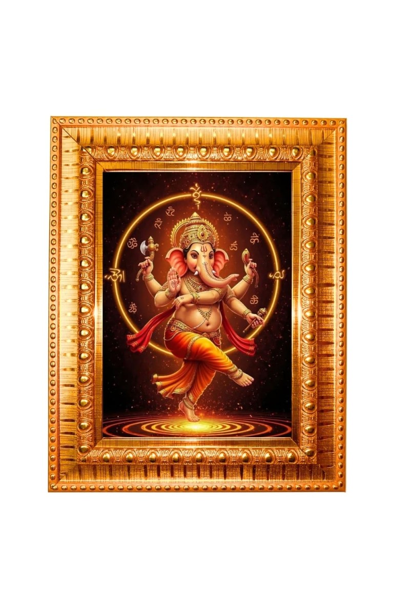Divine Ganesha Golden Designer Photo Frame | 10x14 Inch Religious Wall Hanging Frame For Home & Office Decoration | Hindu Deity Spiritual Gift Item