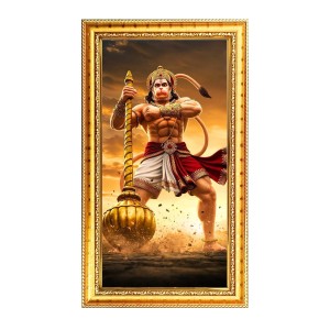 Lord Hanuman Digital Golden Color Photo Frame | Hindu Religious Wall Decor | 8x15 Inches - Inspirational Wall Art For Office, Home Decor - Ideal Spiritual Gift (F10341)