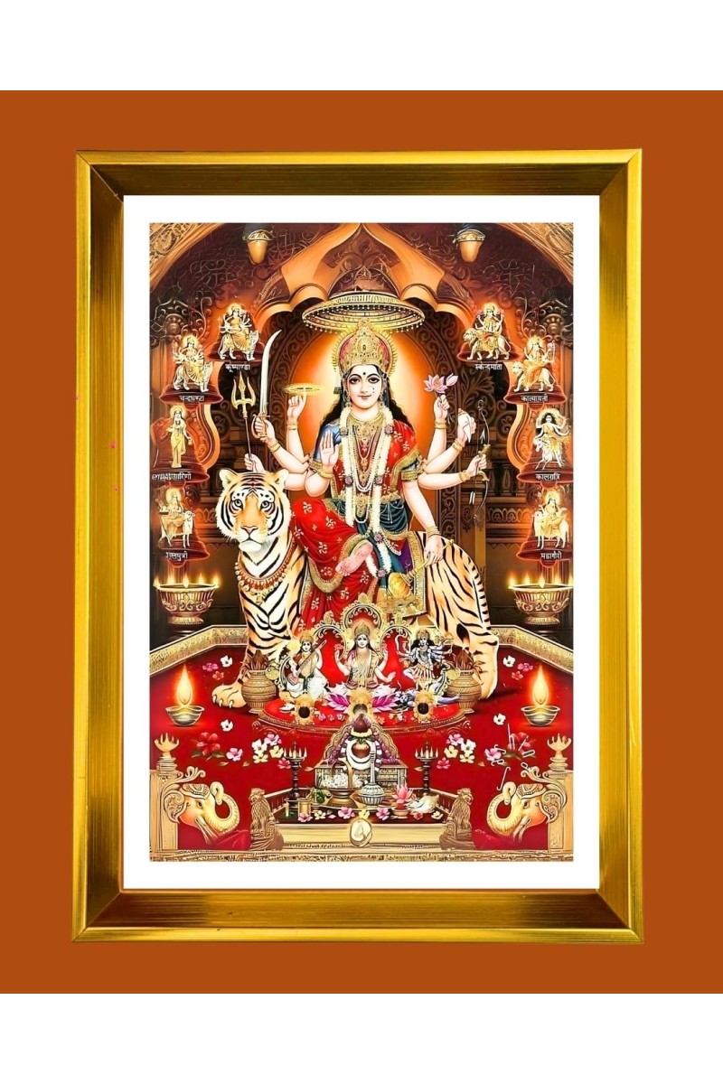 Durga Mata Rani Golden Photo Frame - 10x14 Inches | Elegant Wooden Frame For Home, Office & Temple Decoration | Spiritual Wall & Table Decor And Gift Item (F9669)