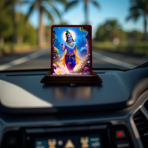 Car Desk/Table Top Lord Krishna Wooden Photo Stand 3x4 Inches, Compact & Stylish Spiritual Display For Car, Home & Office (Pack Of 1) (F14291)