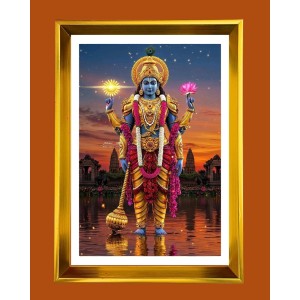 Lord Vishnu Golden Photo Frame - 12x16 Inches | Elegant Wooden Frame For Home, Office & Temple Decoration | Spiritual Wall & Table Decor And Gift Item (F9443)