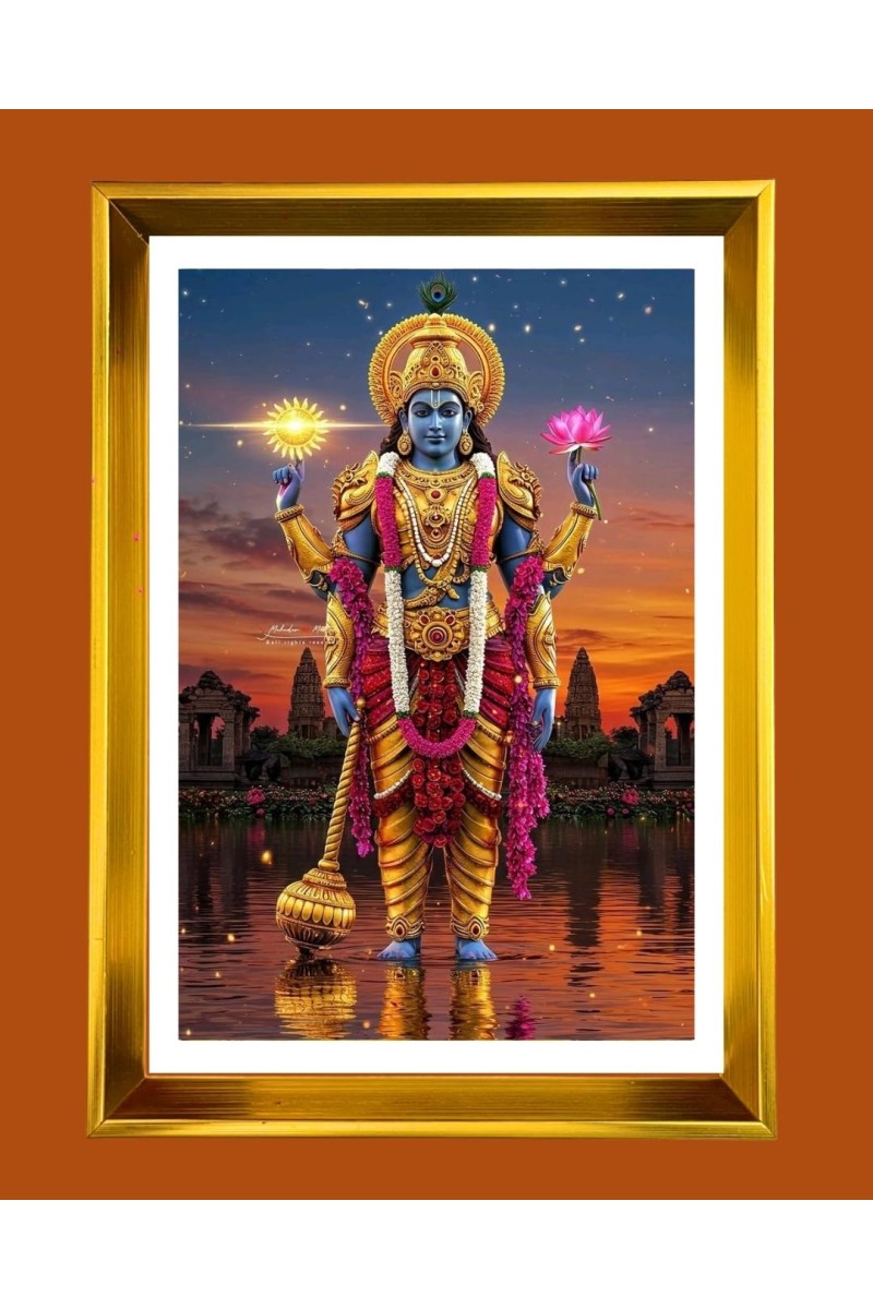 Lord Vishnu Golden Photo Frame - 16x20 Inches | Elegant Wooden Frame For Home, Office & Temple Decoration | Spiritual Wall & Table Decor And Gift Item (F9443)