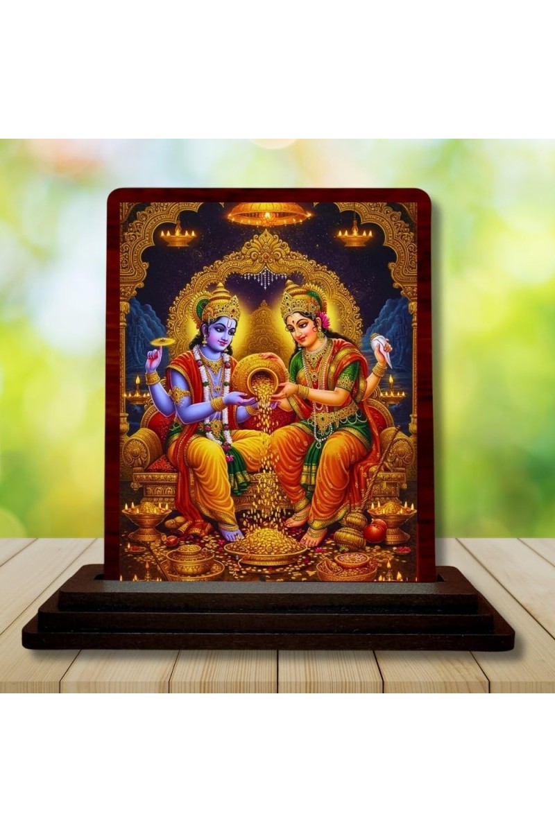 Car Desk/Table Top Lord Vishnu Lakshmi Wooden Photo Stand 3x4 Inches, Compact & Stylish Spiritual Display For Car, Home & Office (Pack Of 1) (F14191)