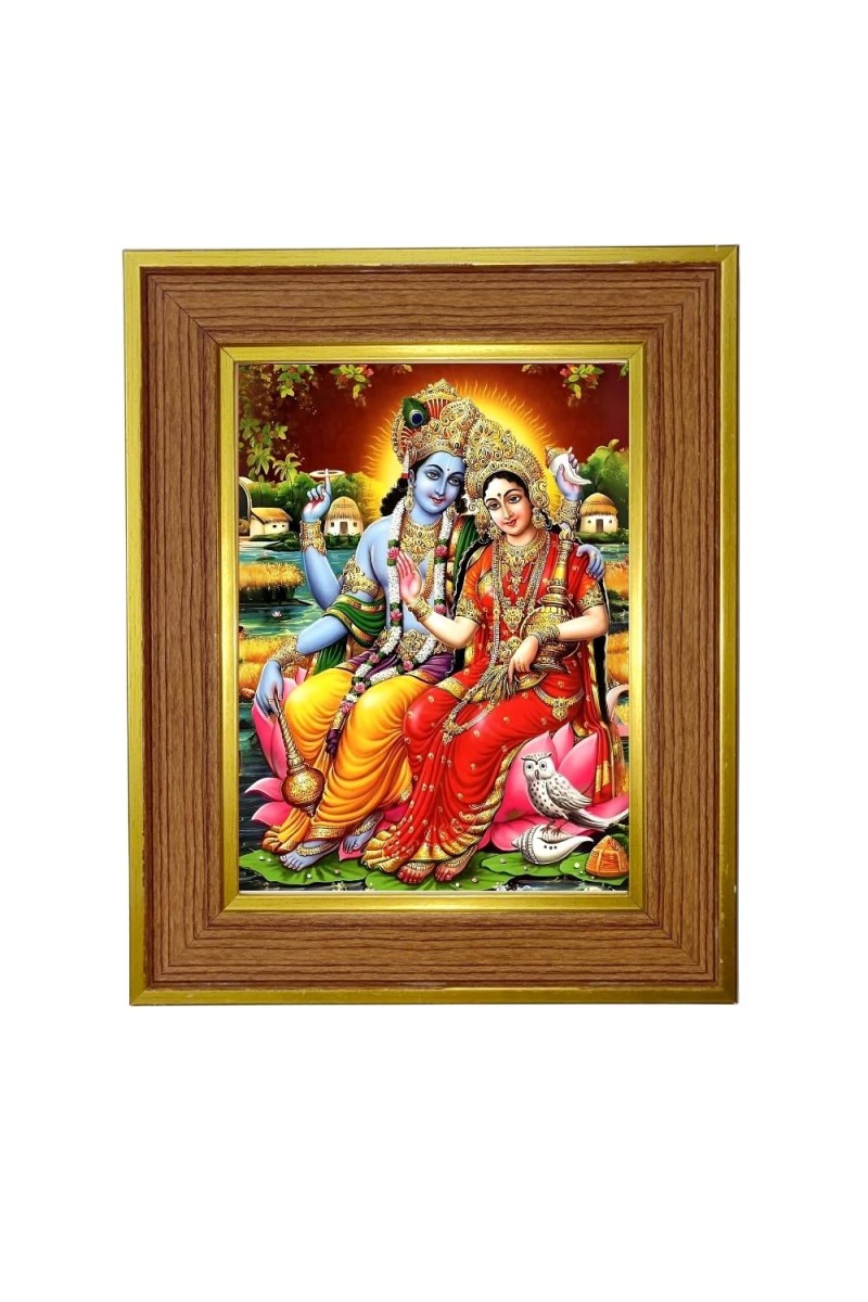Lord Vishnu & Lakshmi Photo Frame 10x14 Inches-Brown Wooden Frame For Home, Office & Temple Decoration And Gifting (F6252)