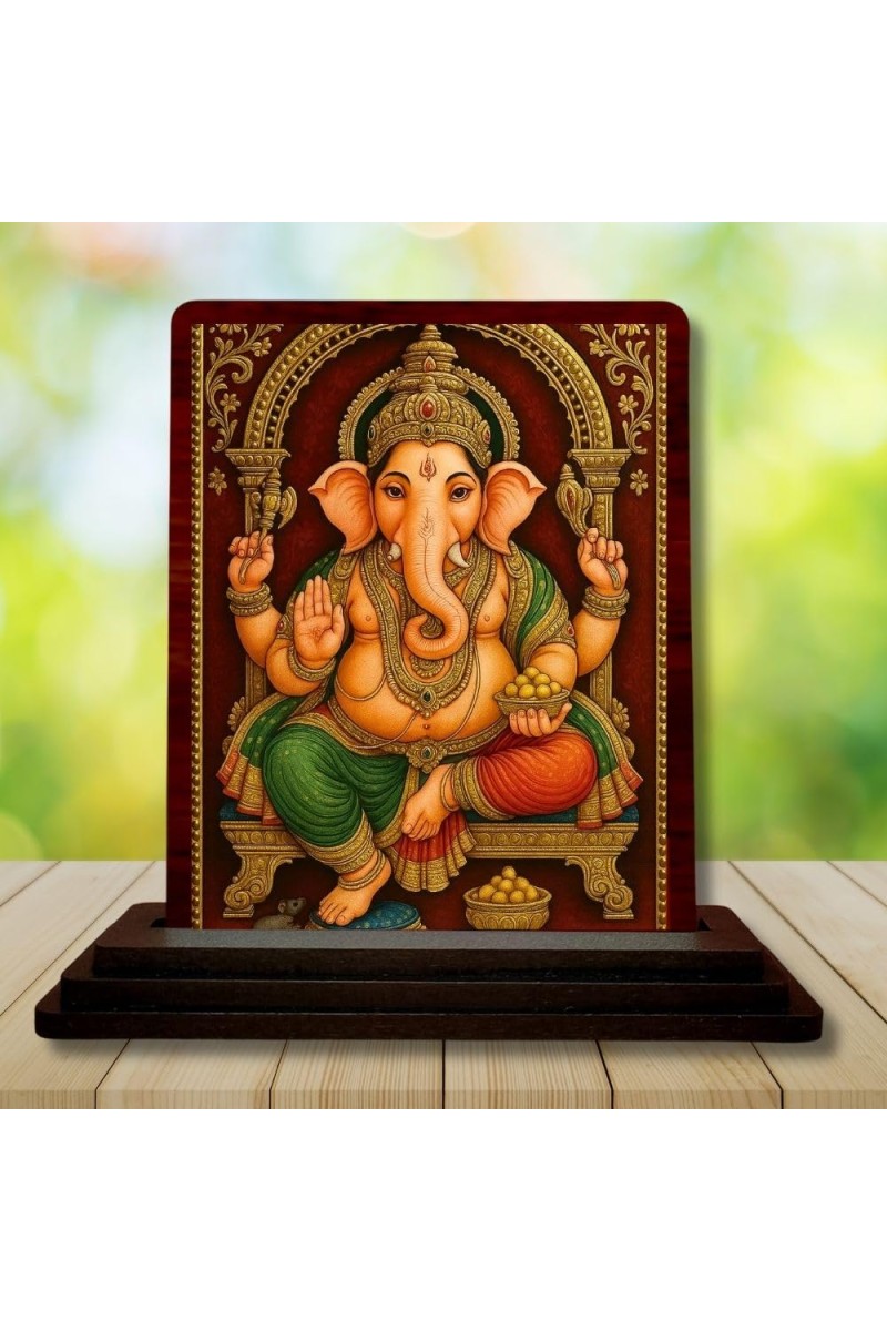 Car Desk/Table Top Lord Ganapathi Wooden Photo Stand 3x4 Inches, Compact & Stylish Spiritual Display For Car, Home & Office (Pack Of 1) (F14241)