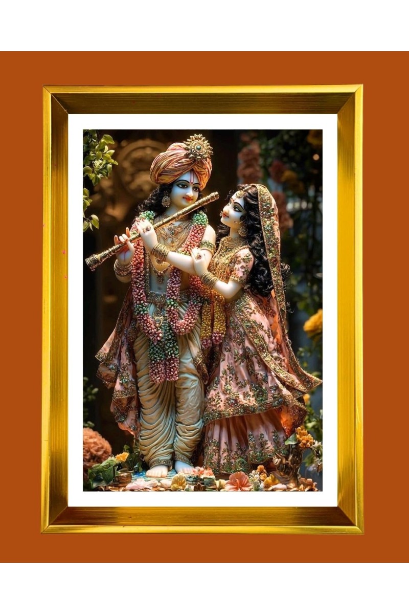 Divine Radha Krishna Golden Photo Frame - 10x14 Inches | Elegant Wooden Frame For Home, Office & Temple Decoration | Spiritual Wall & Table Decor and Gift Item