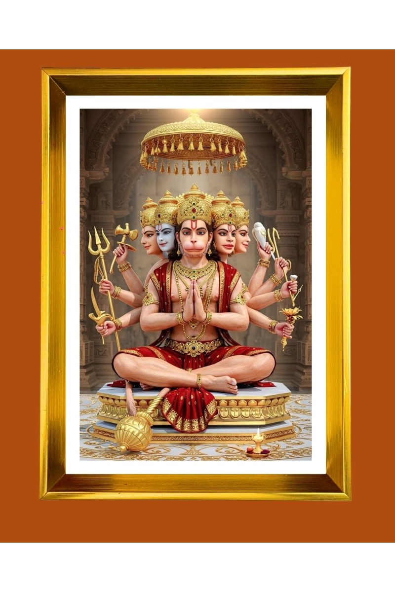 Lord Hanuman Golden Photo Frame - 10x14 Inches | Elegant Wooden Frame For Home, Office & Temple Decoration | Spiritual Wall & Table Decor And Gift Item (F9552)
