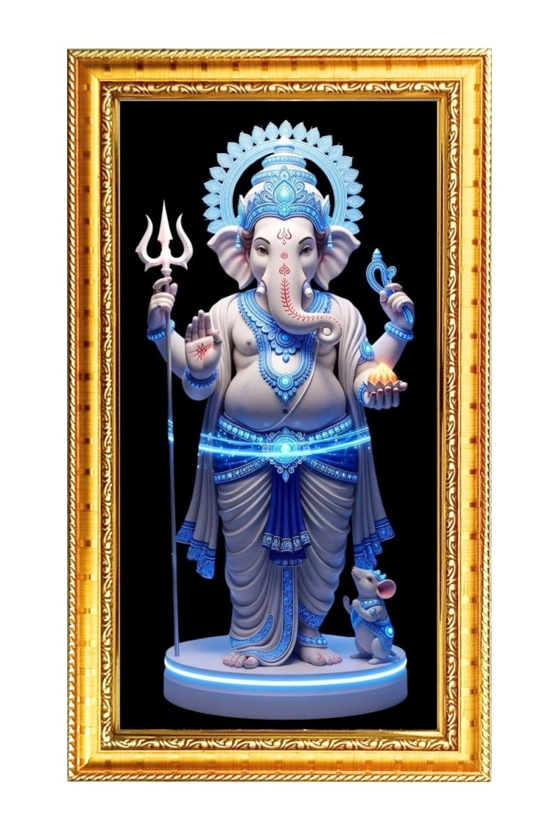 Lord Ganesh Digital Golden Color Photo Frame | Hindu Religious Wall Decor | 8x15 Inches - Inspirational Wall Art For Office, Home Decor - Ideal Spiritual Gift (F10380)