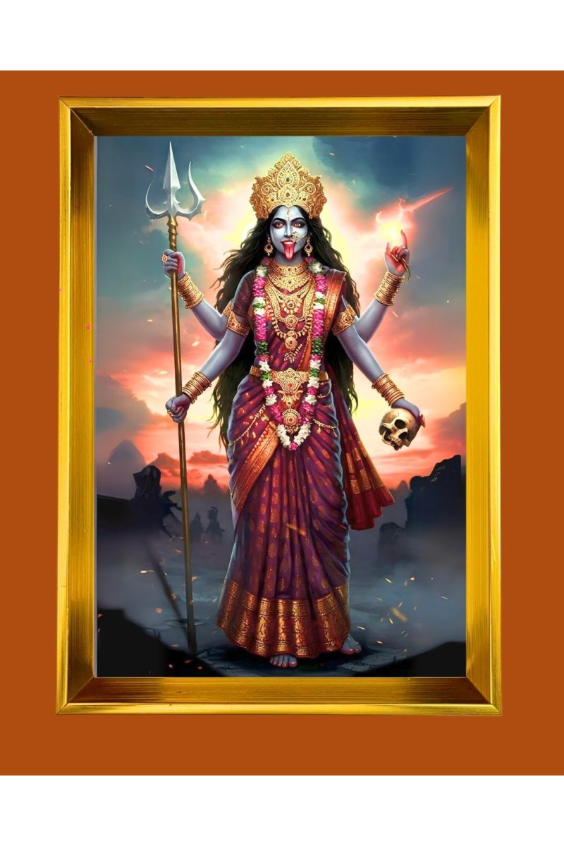 Goddess Kali Golden Photo Frame - 10x14 Inches | Elegant Wooden Frame For Home, Office & Temple Decoration | Spiritual Wall & Table Decor and Gift Item