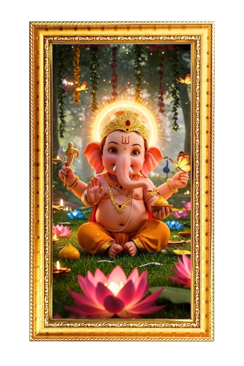 Lord Ganesh Digital Golden Color Photo Frame | Hindu Religious Wall Decor | 8x15 Inches - Inspirational Wall Art For Office, Home Decor - Ideal Spiritual Gift (F10358)