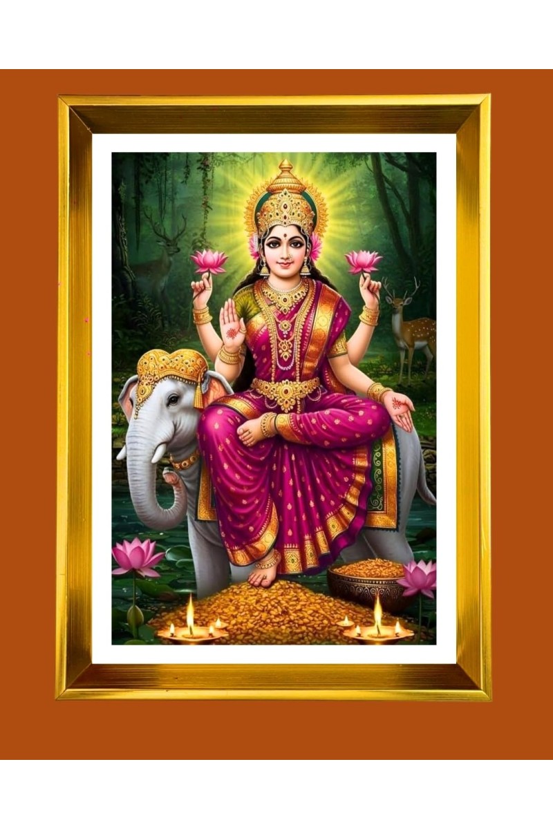 Mata Laxmi Golden Photo Frame - 12x16 Inches | Elegant Wooden Frame For Home, Office & Temple Decoration | Spiritual Wall & Table Decor And Gift Item (F9803)