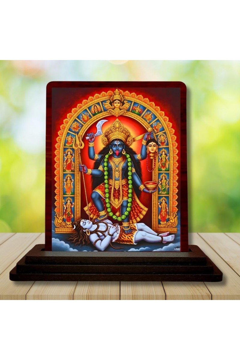 Car Desk/Table Top Goddess Maa Kali Wooden Photo Stand 3x4 Inches, Compact & Stylish Spiritual Display For Car, Home & Office (Pack Of 1) (F14175)