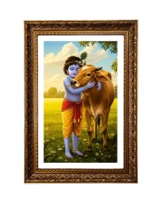 Lord Krishna With White Cow Big Photo Frame - 20x28 Inches For Home,Temple & Office Decoration (F11188)