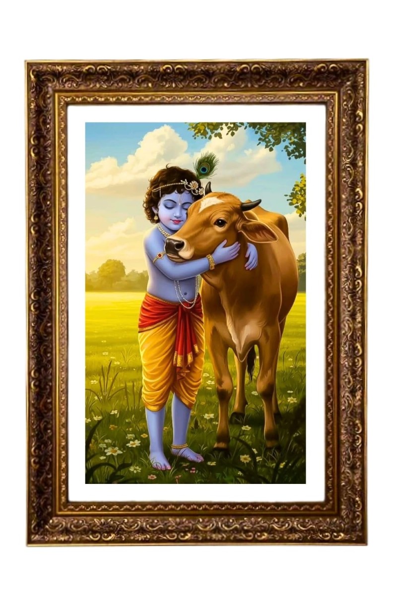 Lord Krishna With White Cow Big Photo Frame - 20x28 Inches For Home,Temple & Office Decoration (F11188)