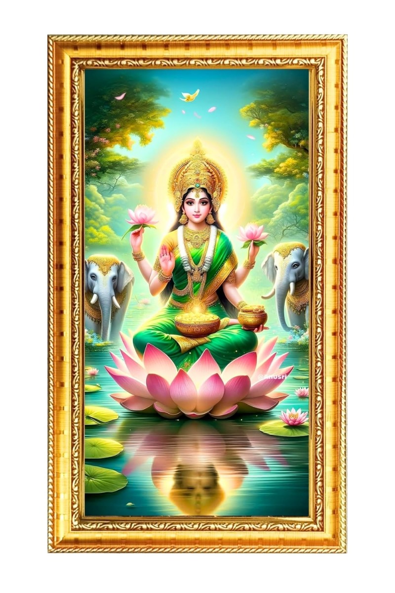 Mata Lakhsmi Digital Golden Color Photo Frame | Hindu Religious Wall Decor | 10x17 Inches - Inspirational Wall Art For Office, Home Decor - Ideal Spiritual Gift (F10314)