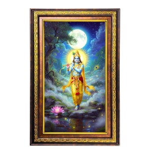 Lord Krishna Digital Golden Balck Color Photo Frame | Hindu Religious Wall Decor | 10x16 Inches - Inspirational Wall Art For Office, Home Decor - Ideal Spiritual Gift (F16856)