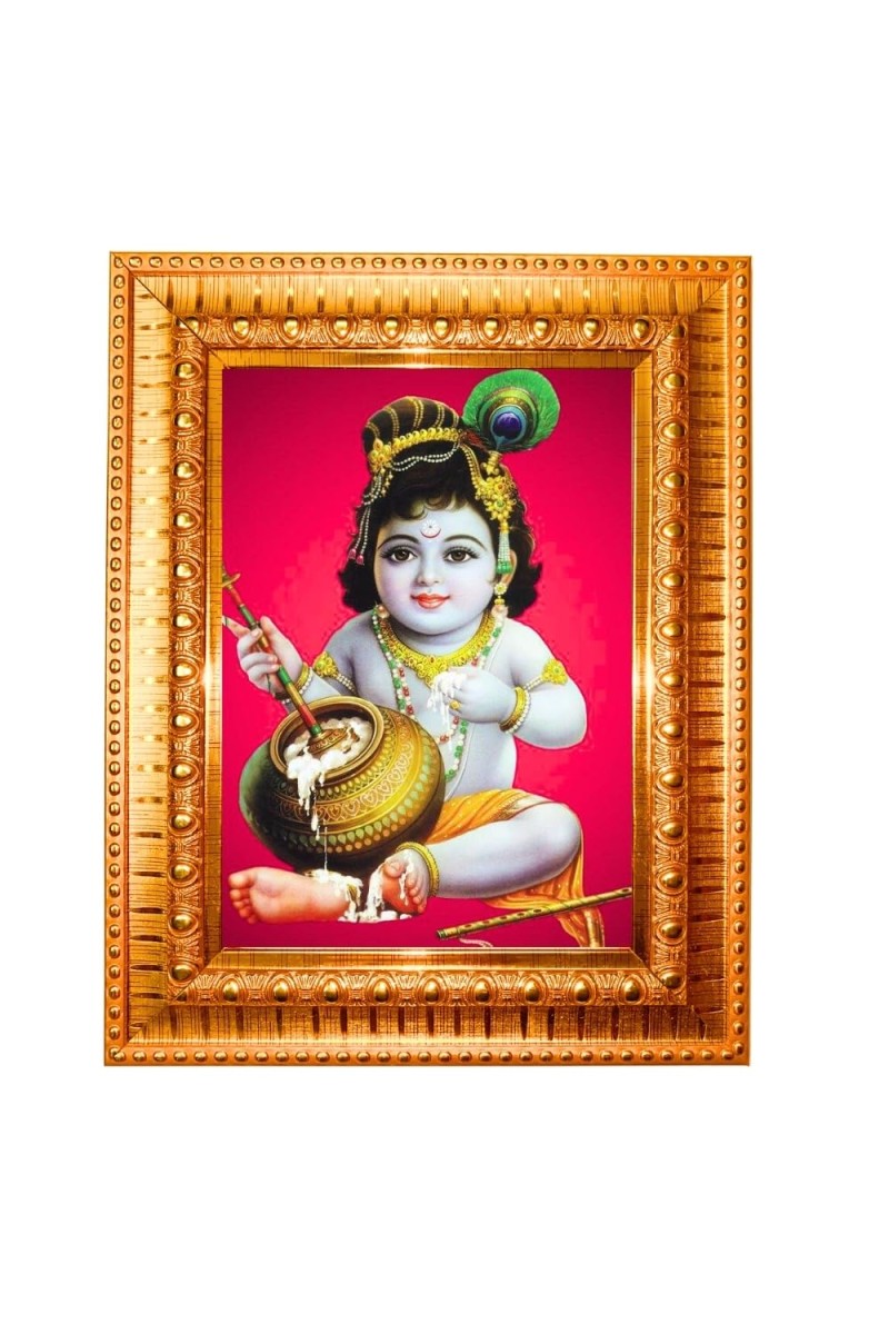 Baby Krishna Golden Designer Photo Frame | 18x22 Inch Religious Wall Hanging Frame For Home, Office Decoration and Spiritual Gift Item (M1)
