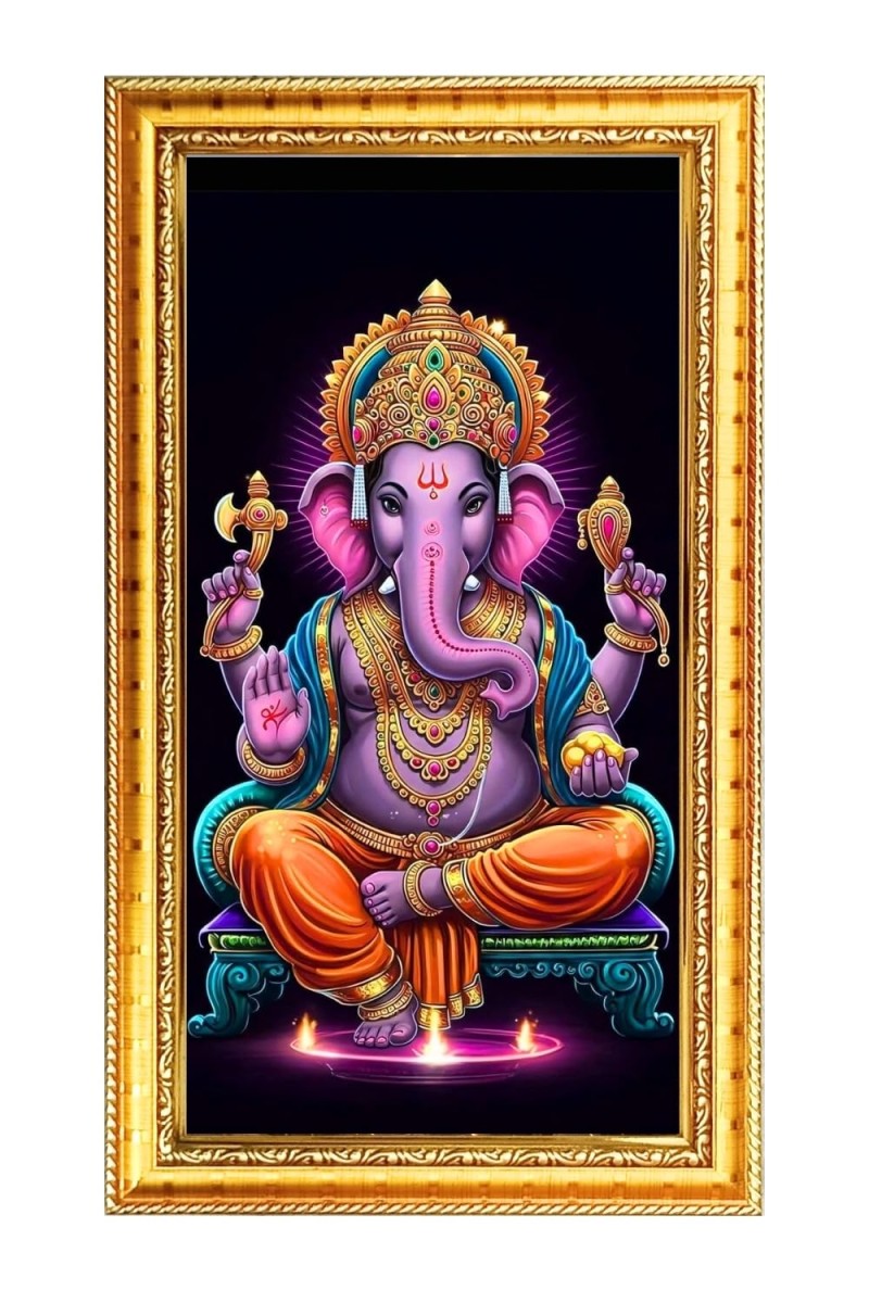 Lord Ganesh Digital Golden Color Photo Frame | Hindu Religious Wall Decor | 8x15 Inches - Inspirational Wall Art For Office, Home Decor - Ideal Spiritual Gift (F10345)