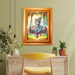 Little Krishna Golden Designer Photo Frame | 12x16 Inch Religious Wall Hanging Frame For Home & Office Decoration | Hindu Deity Spiritual Gift Item