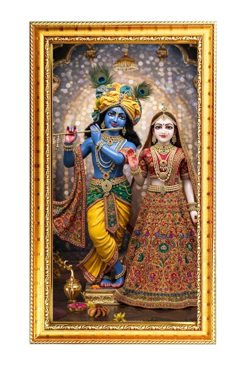 Divine Radha Krishna Digital Golden Color Photo Frame | Hindu Religious Wall Decor | 8x15 Inches - Inspirational Wall Art For Office, Home Decor - Ideal Spiritual Gift (F10234)