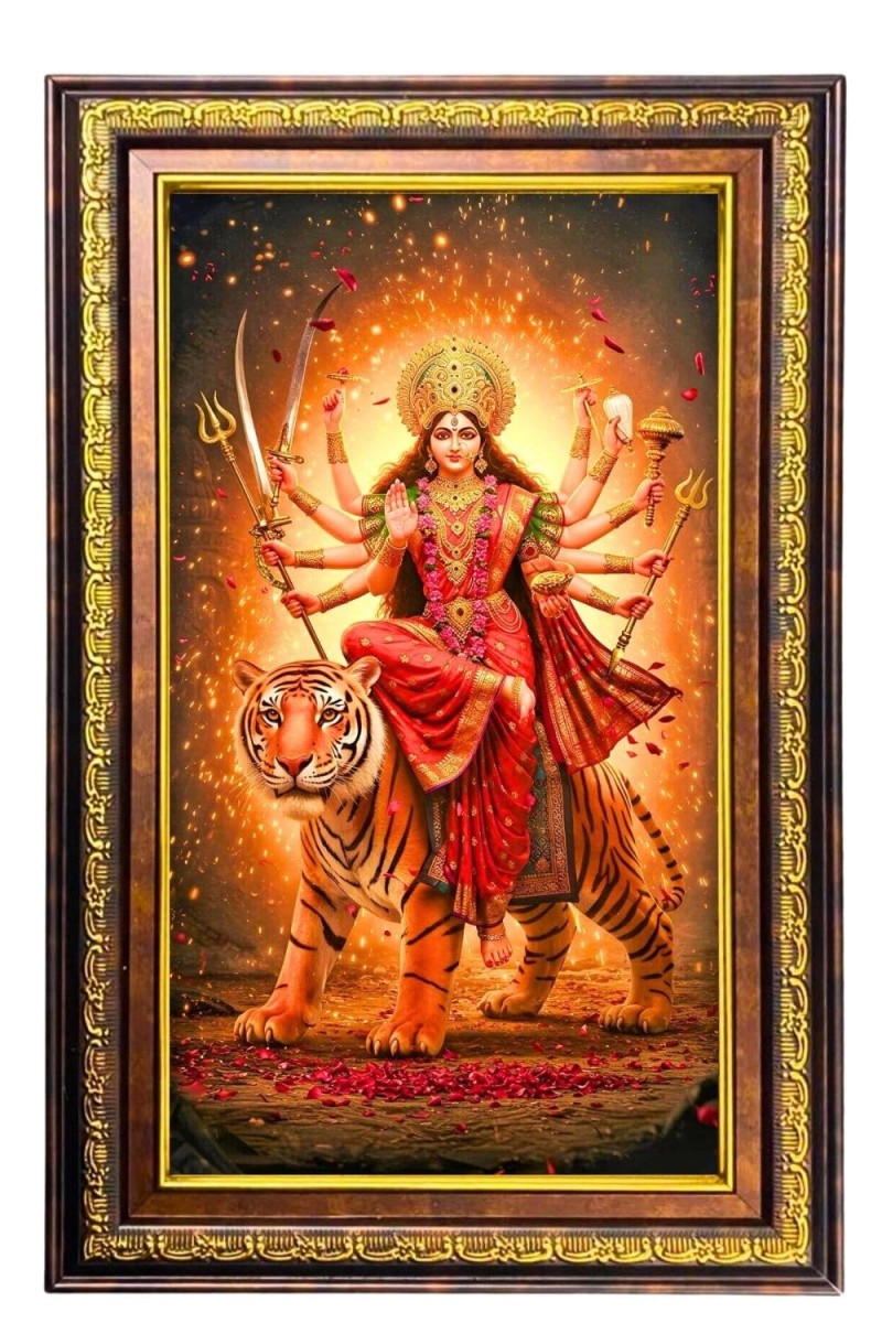 Goddess Durga Digital Golden Balck Color Photo Frame | Hindu Religious Wall Decor | 10x16 Inches - Inspirational Wall Art For Office, Home Decor - Ideal Spiritual Gift (F16670)