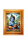 Baby Krishna Golden Designer Photo Frame | 12x16 Inch Religious Wall Hanging Frame For Home & Office Decoration | Hindu Deity Spiritual Gift Item