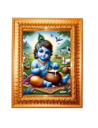 Baby Krishna Golden Designer Photo Frame | 16x20 Inch Religious Wall Hanging Frame For Home & Office Decoration | Hindu Deity Spiritual Gift Item
