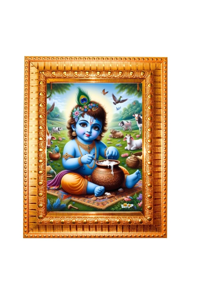 Baby Krishna Golden Designer Photo Frame | 12x16 Inch Religious Wall Hanging Frame For Home & Office Decoration | Hindu Deity Spiritual Gift Item