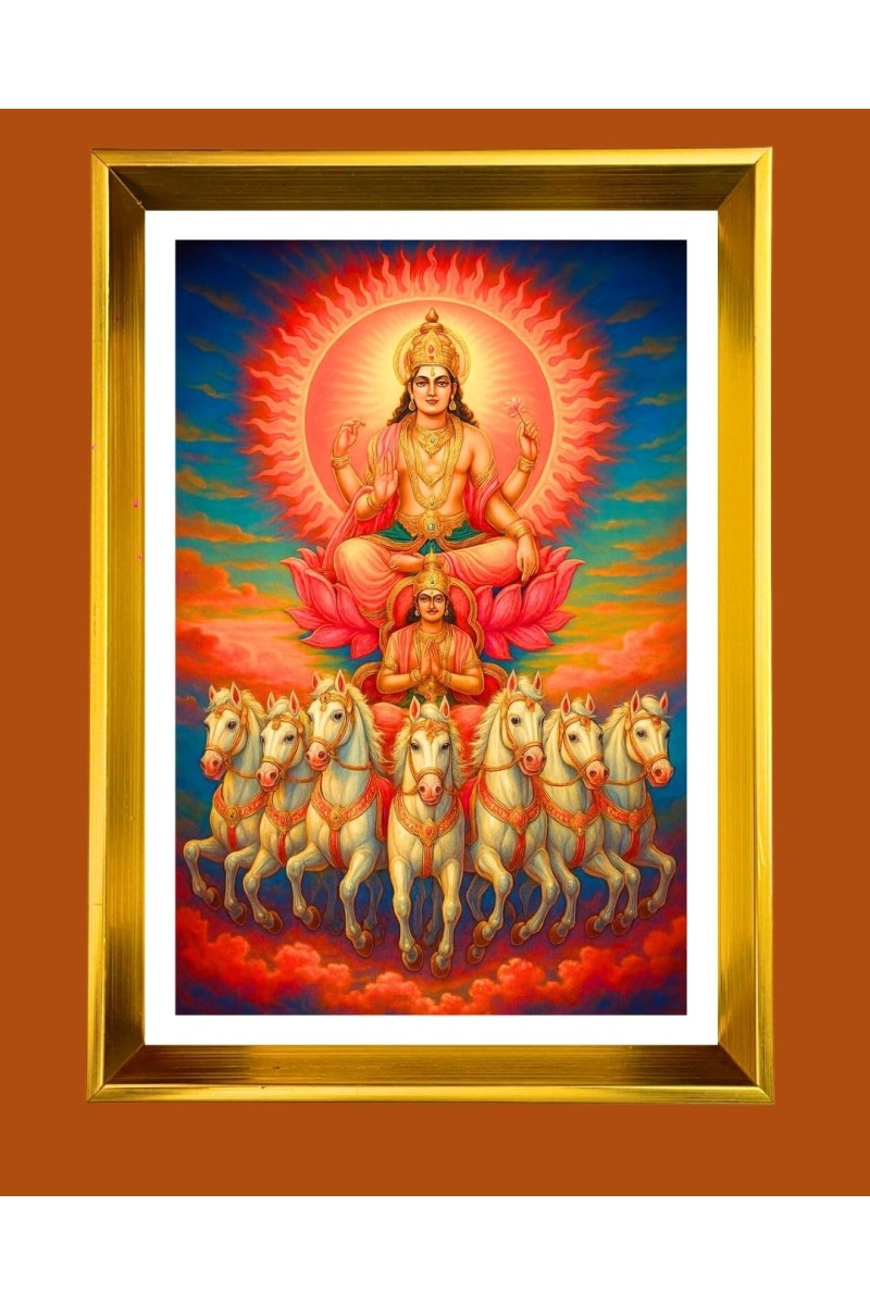 Surya Dev Golden Photo Frame - 10x14 Inches | Elegant Wooden Frame For Home, Office & Temple Decoration | Spiritual Wall & Table Decor and Gift Item
