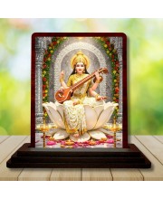 Car Desk/Table Top Lord Saraswathi Wooden Photo Stand 3x4 Inches, Compact & Stylish Spiritual Display For Car, Home & Office (Pack Of 1) (F14348)