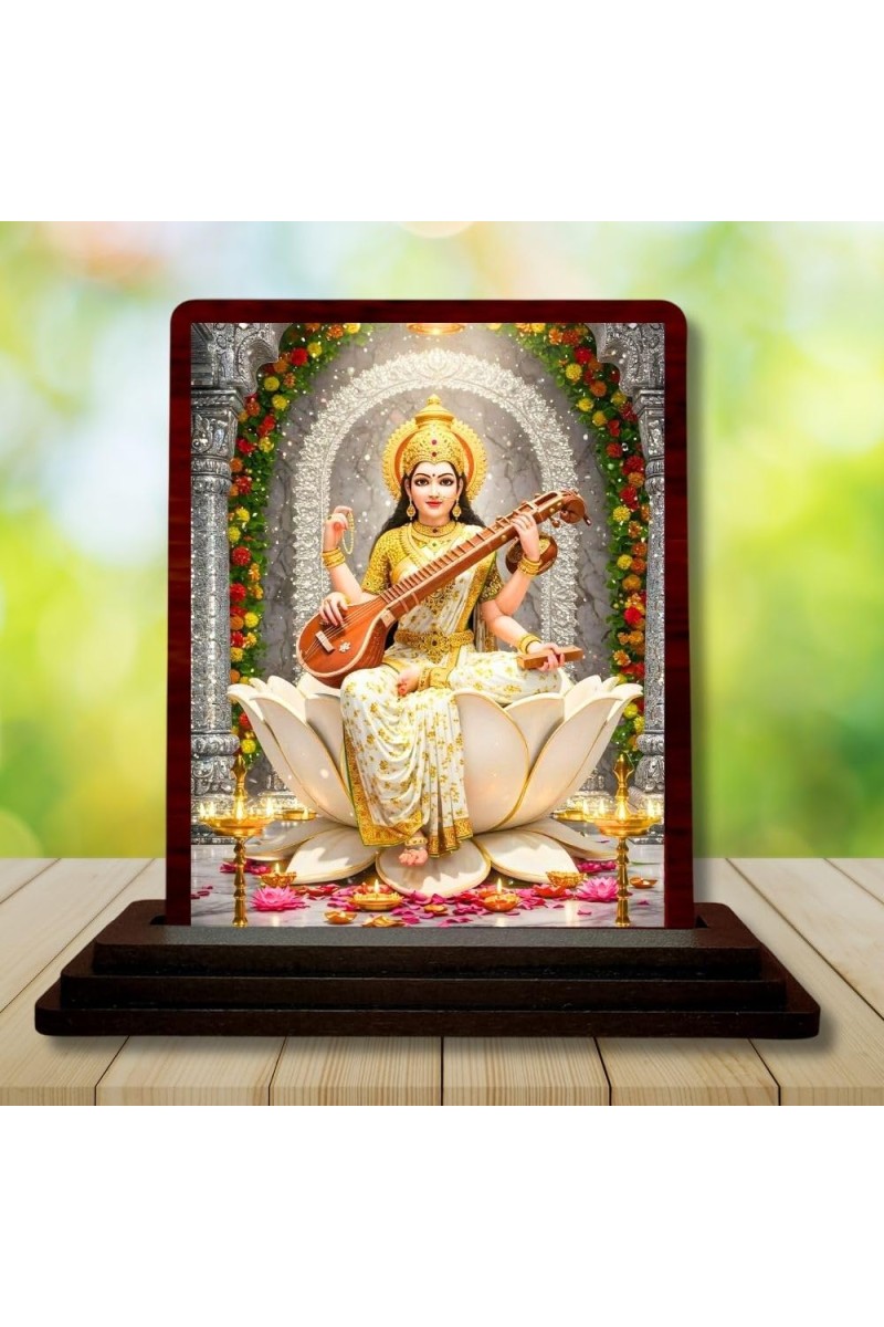 Car Desk/Table Top Lord Saraswathi Wooden Photo Stand 3x4 Inches, Compact & Stylish Spiritual Display For Car, Home & Office (Pack Of 1) (F14348)