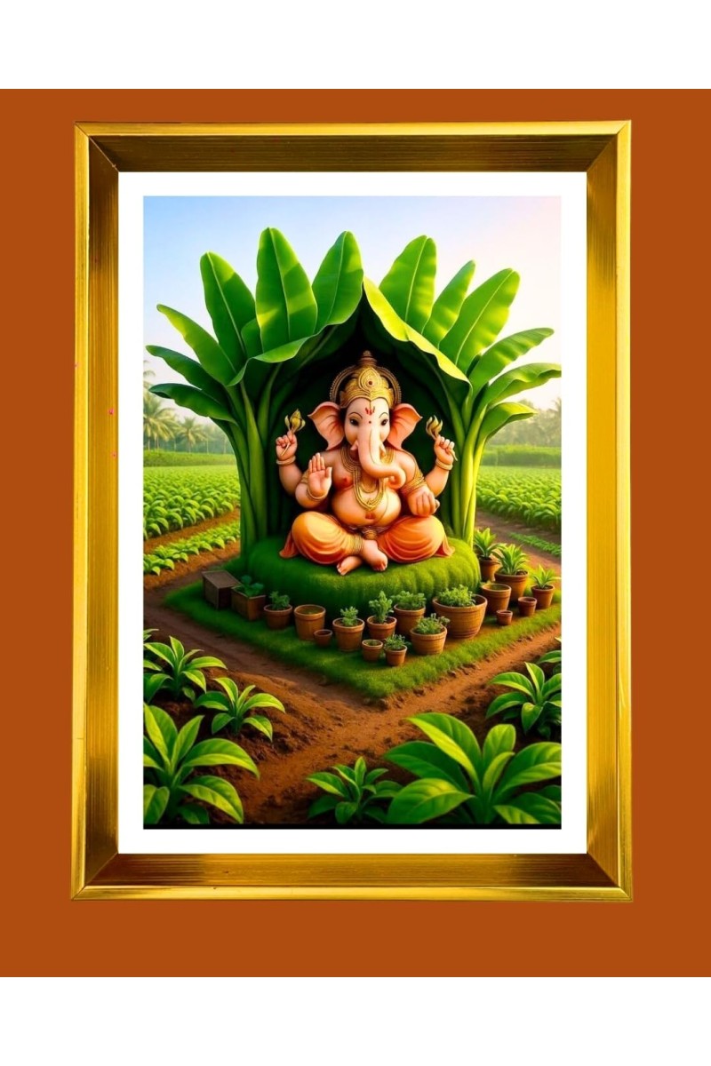 Lord Ganesha Golden Photo Frame - 10x14 Inches | Elegant Wooden Frame For Home, Office & Temple Decoration | Spiritual Wall & Table Decor and Gift Item