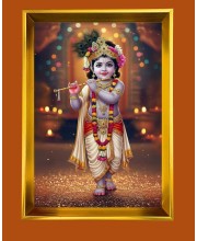 Little Divine Krishna Golden Photo Frame - 10x14 Inches | Elegant Wooden Frame For Home, Office & Temple Decoration | Spiritual Wall & Table Decor and Gift Item