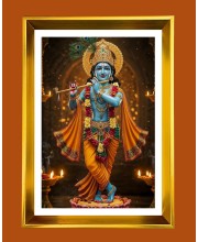 Divine Krishna Golden Photo Frame - 10x14 Inches | Elegant Wooden Frame For Home, Office & Temple Decoration | Spiritual Wall & Table Decor and Gift Item