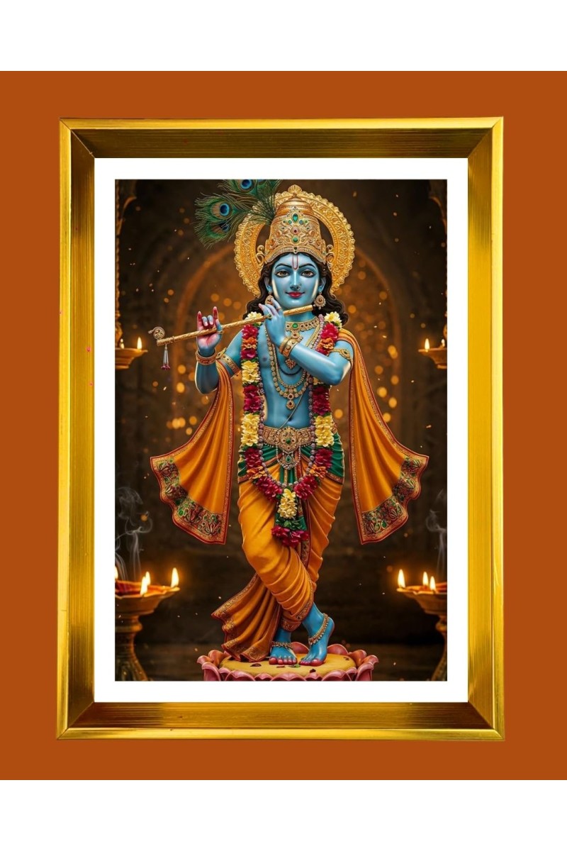 Divine Krishna Golden Photo Frame - 12x16 Inches | Elegant Wooden Frame For Home, Office & Temple Decoration | Spiritual Wall & Table Decor And Gift Item (F9466)