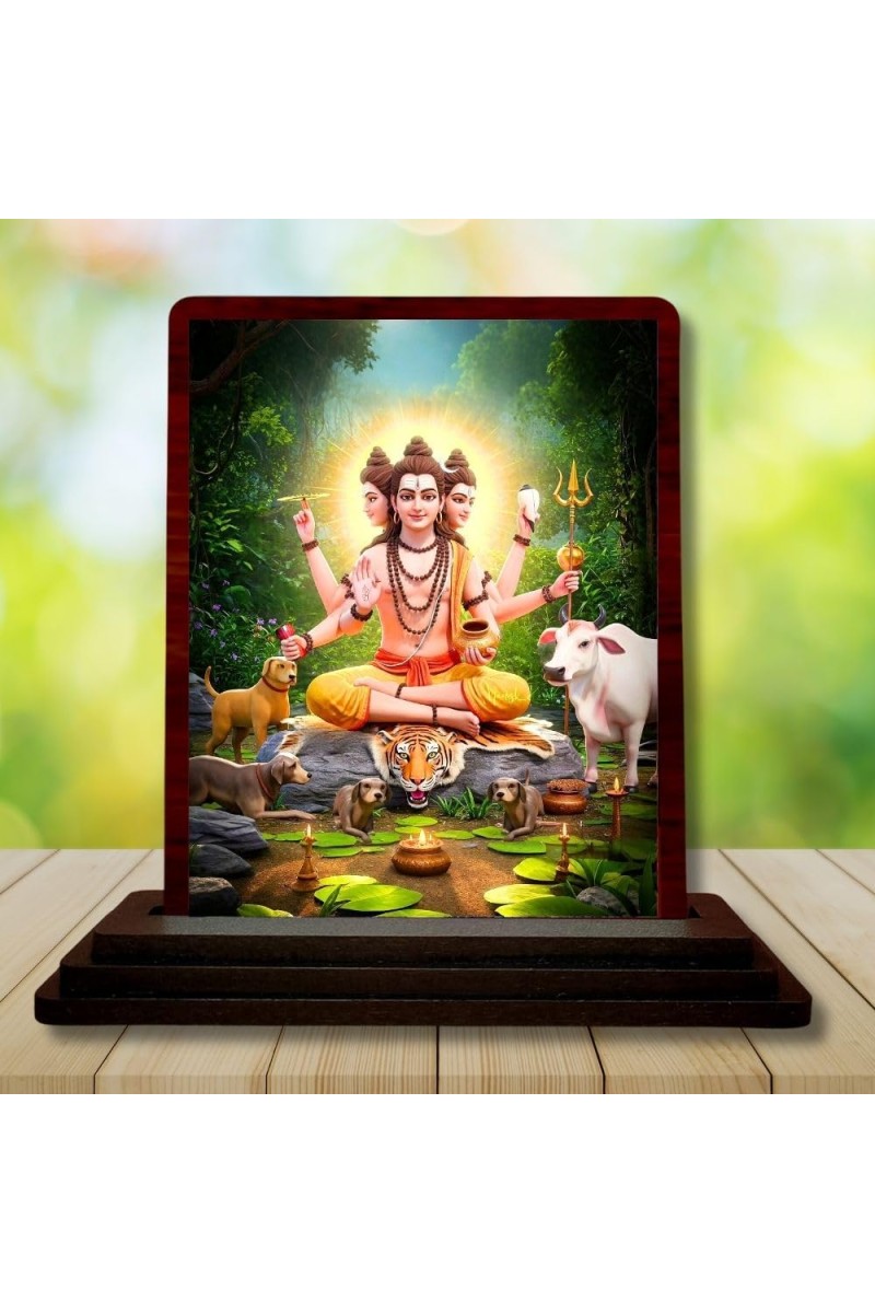 Car Desk/Table Top Lord Dattatreya Wooden Photo Stand 3x4 Inches, Compact & Stylish Spiritual Display For Car, Home & Office (Pack Of 1) (F14337)