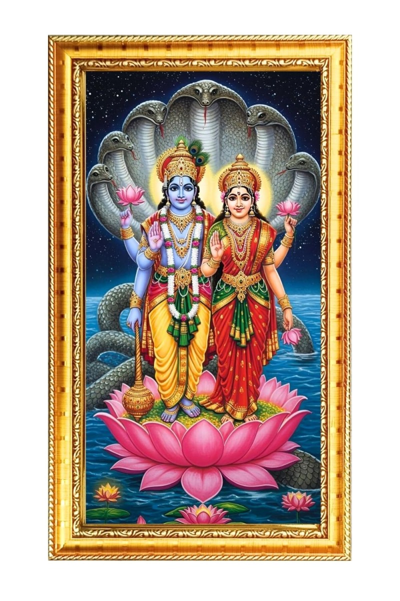 Lord Vishnu And Lakhsmi Digital Golden Color Photo Frame | Hindu Religious Wall Decor | 8x15 Inches - Inspirational Wall Art For Office, Home Decor - Ideal Spiritual Gift (F10273)