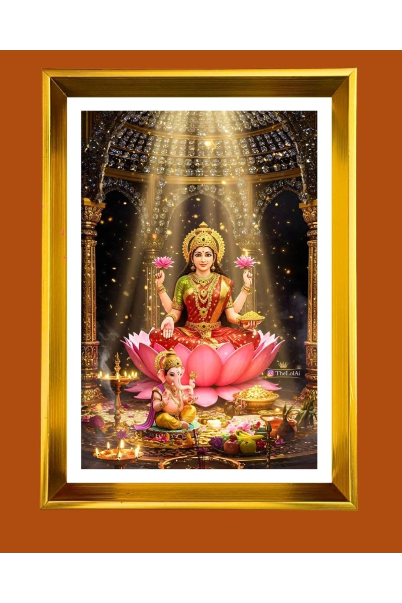 Mata Lakhsmi Golden Photo Frame - 18x22 Inches | Elegant Wooden Frame For Home, Office & Temple Decoration | Spiritual Wall & Table Decor And Gift Item (F9730)