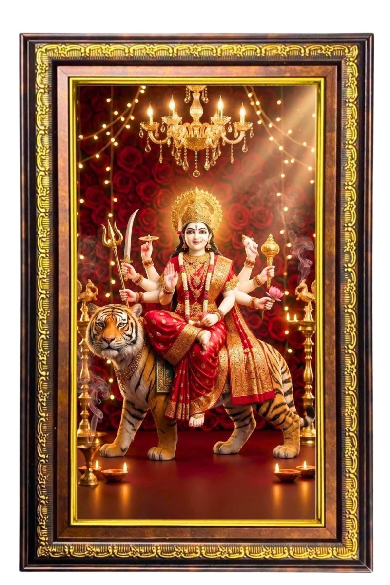 Goddess Durga Digital Golden Balck Color Photo Frame | Hindu Religious Wall Decor | 10x16 Inches - Inspirational Wall Art For Office, Home Decor - Ideal Spiritual Gift (F16904)