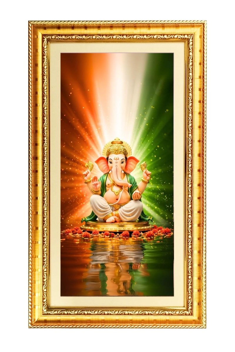 Lord Ganesh Digital Golden Color Photo Frame | Hindu Religious Wall Decor | 8x15 Inches - Inspirational Wall Art For Office, Home Decor - Ideal Spiritual Gift (F10188)