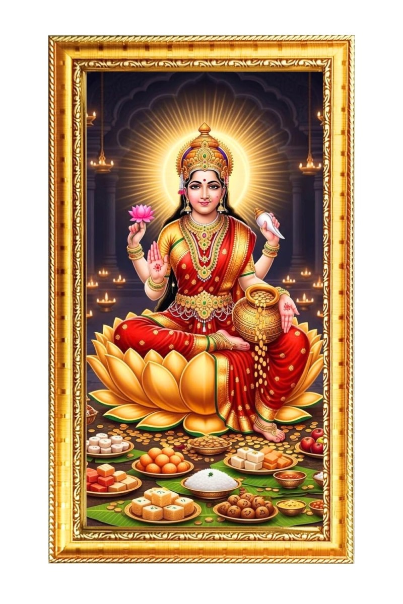 Mata Lakhsmi Digital Golden Color Photo Frame | Hindu Religious Wall Decor | 10x17 Inches - Inspirational Wall Art For Office, Home Decor - Ideal Spiritual Gift (F10293)
